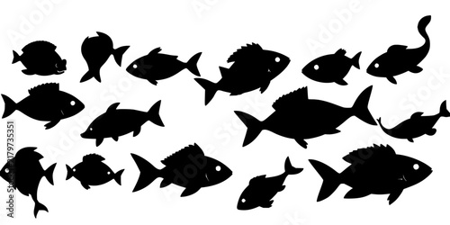 Fish set with ten distinct black silhouettes arranged in two rows of five, varying in tail shapes and sizes featuring fish, silhouettes, vector with minimalist and monochrome