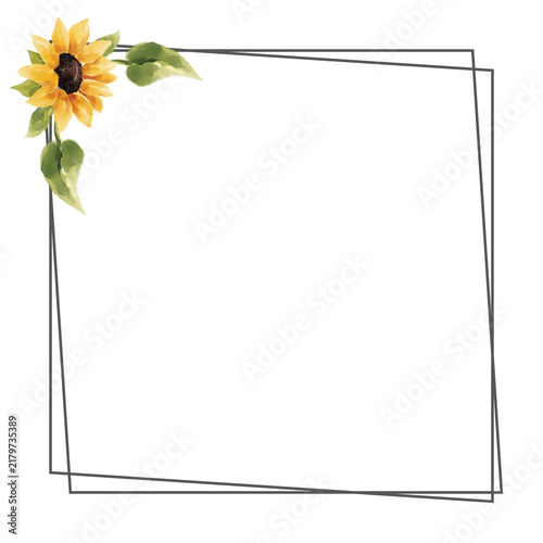 Elegant floral border design with bright yellow sunflowers and green leaves corners on a white background for invitations.