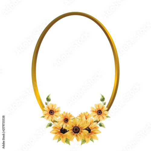 Elegant oval golden floral border design with bright yellow sunflowers and green leaves corners on a white background for invitations.