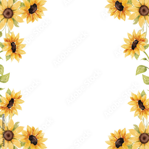 Elegant floral border design with bright yellow sunflowers and green leaves corners on a white background for invitations.