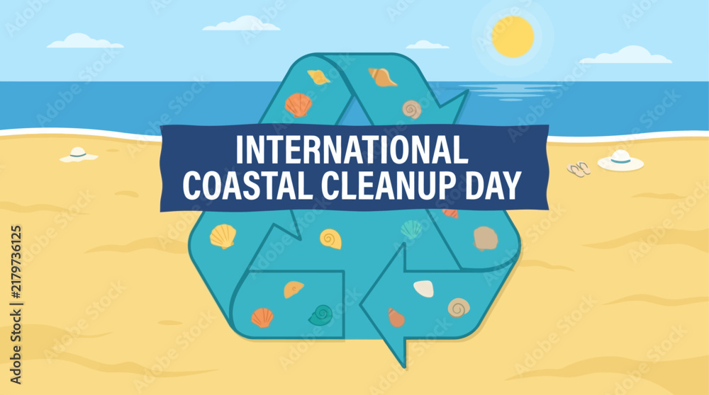 Naklejka premium International Coastal Cleanup Day illustration with recycle symbol on a sunny beach background