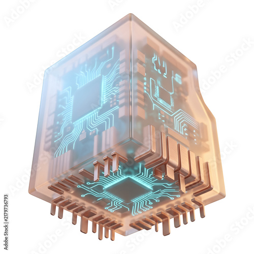 Transparent Microchip 3D Illustration with Circuit Pathways isolated on transparent background