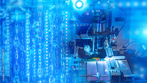 Electronics manufacturing, automated equipment processes and inspects a circuit board using precision machinery and digital production technology.