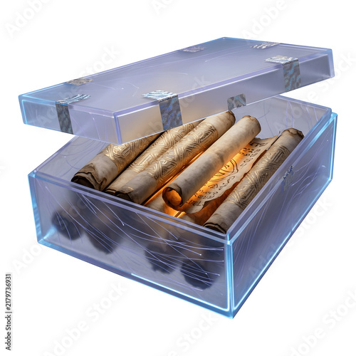 Vintage Scrolls in Clear Plastic Box, Antique Document Display isolated on transparent background