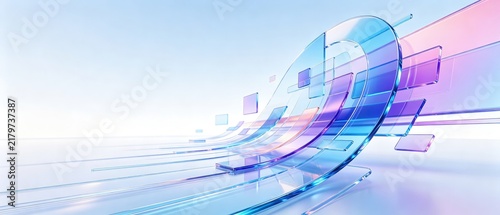 Futuristic transparent glass waves and floating geometric panels in blue and purple gradient, idea for digital technology, innovation and modern abstract banner