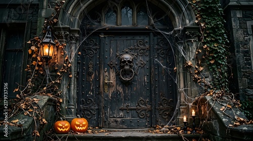 Creepy Victorian door with skull knocker and Halloween pumpkins at night