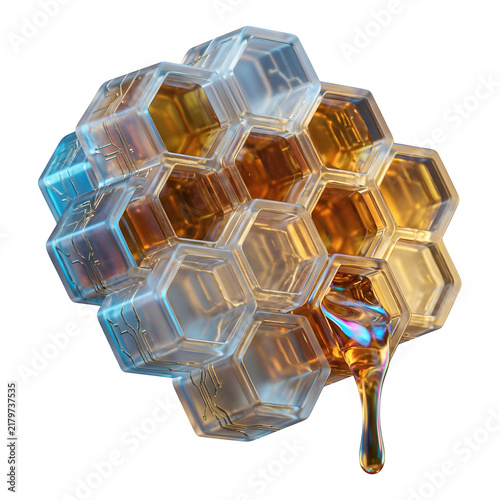 3D Hexagonal Honeycomb Structure with Liquid Drip Effect, Metallic Gradient Design isolated on transparent background