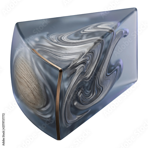 Abstract 3D Cube with Fluid Swirl Texture and Wooden Surface isolated on transparent background