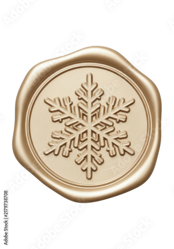 Gold wax seal stamp with a snowflake symbol for winter holiday cards and luxury gift tags isolated on transparent background