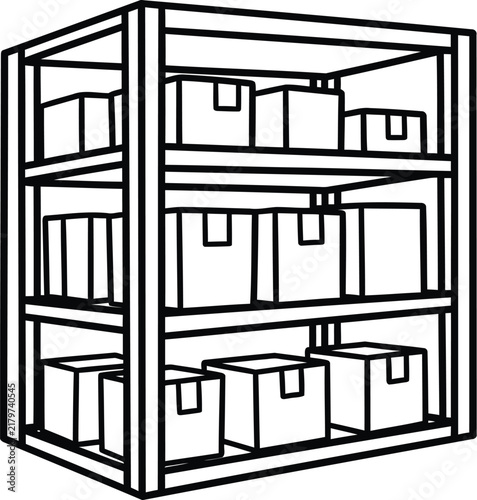 Isometric storage rack with shelves and boxes