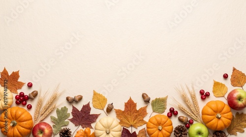 Autumn harvest abundance with pumpkins apples leaves and seasonal fruits on a light background