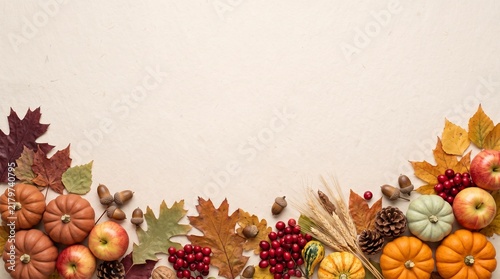 Autumn harvest display with pumpkins gourds, leaves, and pinecones on a neutral background
