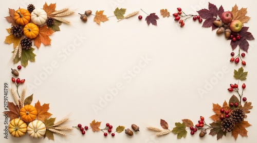 Autumn floral border with vibrant fall foliage and berries on a white background