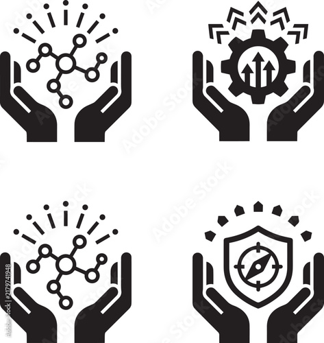 Hand holding abstract business and science concept icons - vector illustration