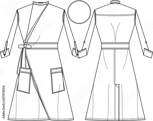 wrap coat technical flat sketch front and back views, garment illustration with belted waist and patch pockets, fashion apparel design clothing construction drawing