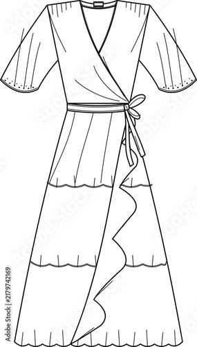 wrap dress technical fashion sketch, garment illustration with v neckline and tie belt, layered ruffled skirt clothing construction drawing for apparel design