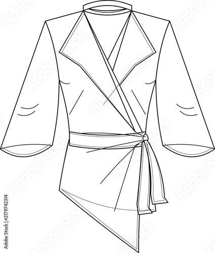 wrap style blouse technical fashion sketch, front and back garment illustration, V neckline apparel design, clothing construction details with waist tie