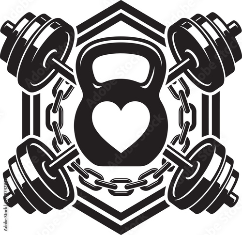 Kettlebell and Barbell Fitness Emblem with Heart Icon - vector illustration