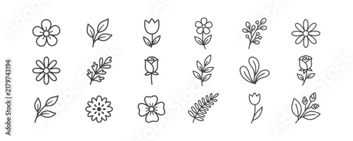 A collection of eighteen minimalist flower and leaf line icons isolated on a white background