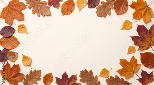 Autumn leaves creating a decorative frame with a blank white center space