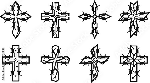Bild auf Leinwand Set of black and white christian cross vector icons entwined with barbed wire an