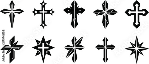 Set of ten black gothic cross vector icons on a white background with religion christianity illustration collection ornament spiritual blessing salvation heavenly