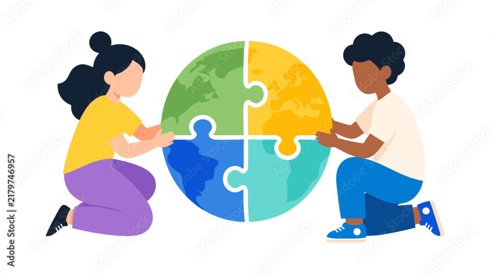 Fototapeta premium Children assembling a colorful globe puzzle symbolizing global unity and teamwork