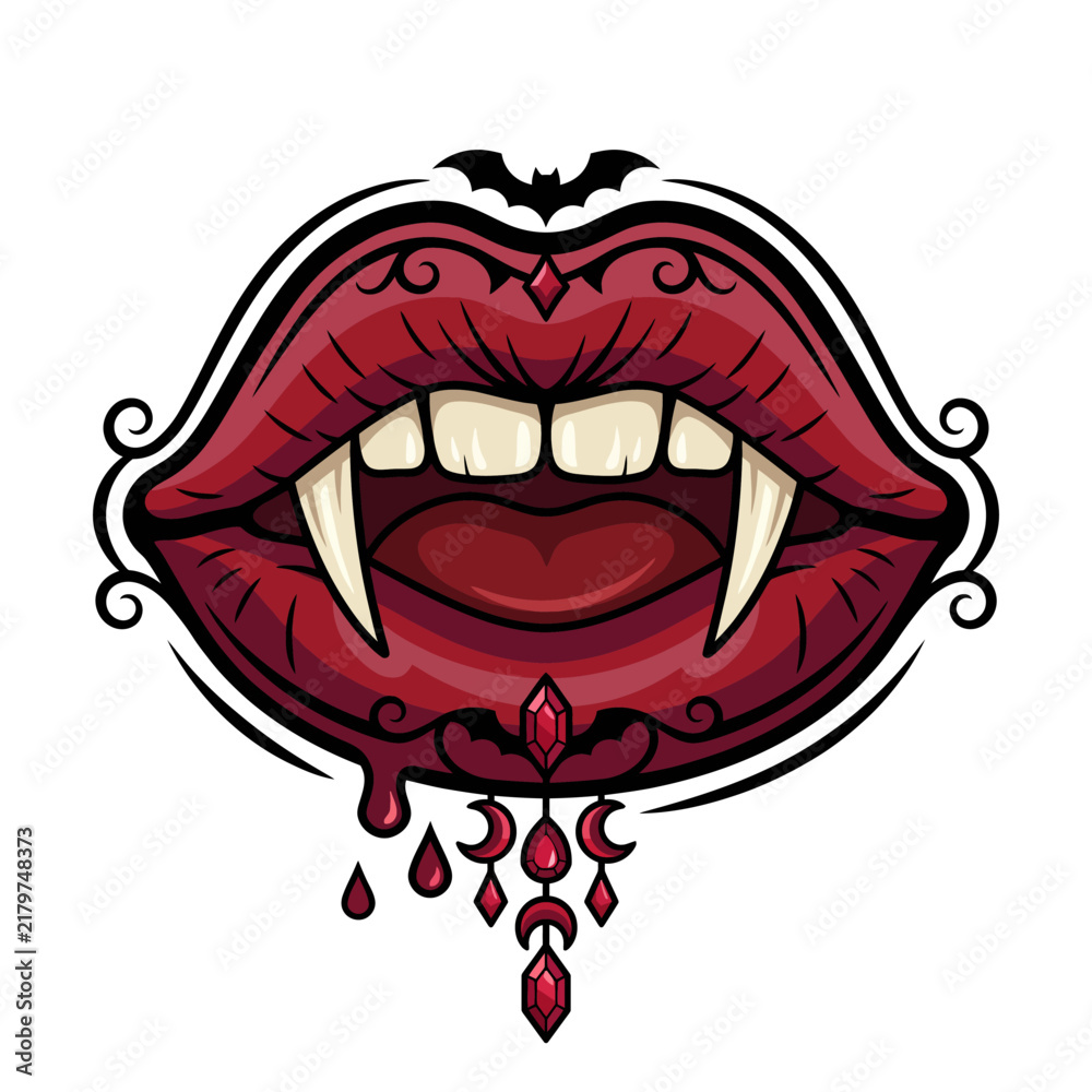 Obraz premium An artistic representation of fanged lips with vivid blood dripping, featuring intricate details and a bat motif, symbolizing Halloween and gothic themes.