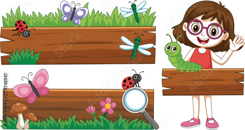 Cute Children’s Nature and Insect Illustration with Girl, Caterpillar, Butterflies, Ladybugs, Dragonflies, Flowers and Magnifying Glass