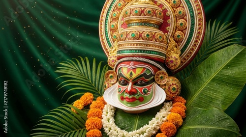 Kathakali dancer's face with traditional makeup and elaborate golden headdress, surrounded by green palm leaves and marigold garlands on a dark green draped background.