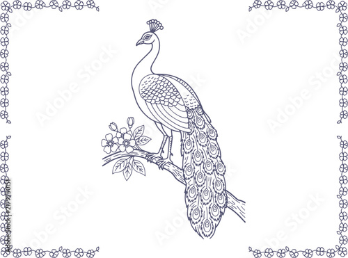Peacock on Flowering Branch Line Art Illustration