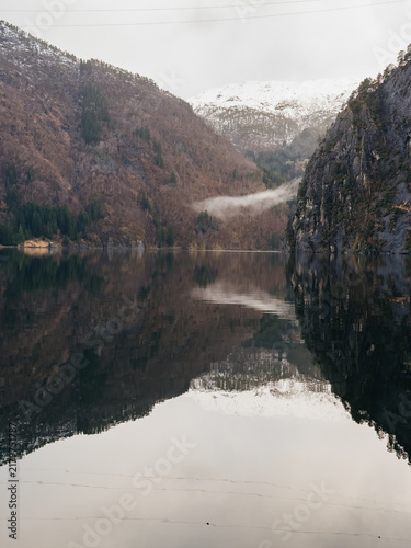Scenic view of Norwegian fjord with mountain reflection in calm water