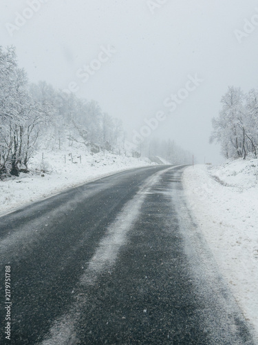Empty asphalt road winding through snowy landscape during heavy winter snowfall