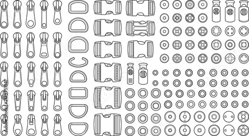 Cuadro en lienzo Vector line art collection of clothing hardware featuring zipper pulls, buckles,
