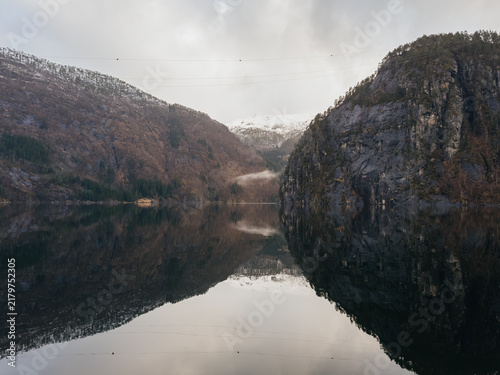 Scenic view of Norwegian fjord with mountain reflection in calm water