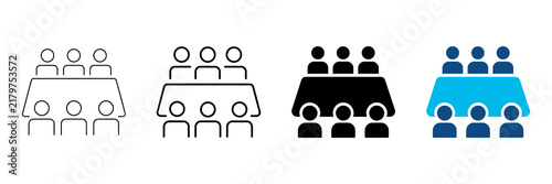 Team meeting icon with people around table symbolizing teamwork, collaboration and discussion. Business pictogram for conference, communication, planning, management and group meeting concept.