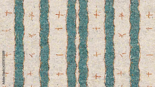A seamless tactile abstract woven textile background pattern featuring irregular teal vertical stripes and fine terracotta cross stitches on a natural oatmeal linen fabric surface.