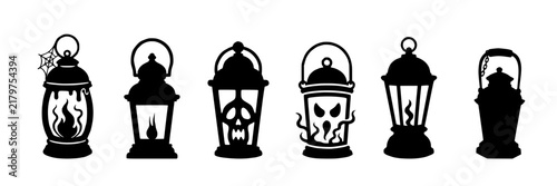 lantern silhouettes, A collection of six black lantern silhouettes featuring spooky designs such as spider webs, skulls, flames, and tentacles — symbolizing Halloween, mystery, and gothic style