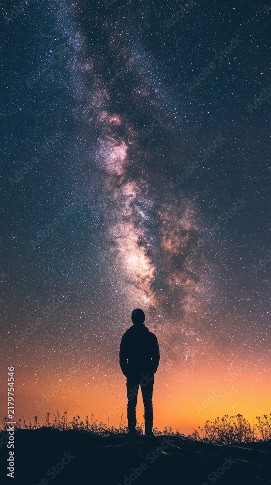 Fototapeta premium Silhouette of a person standing under the milky way galaxy