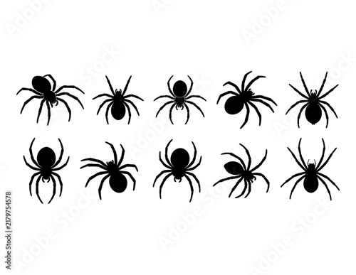 Eight spider silhouettes arranged in rows, symbolizing fear and Halloween.