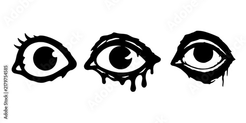 Stylized black silhouette of an eye with dripping liquid, symbolizing mystery and horror