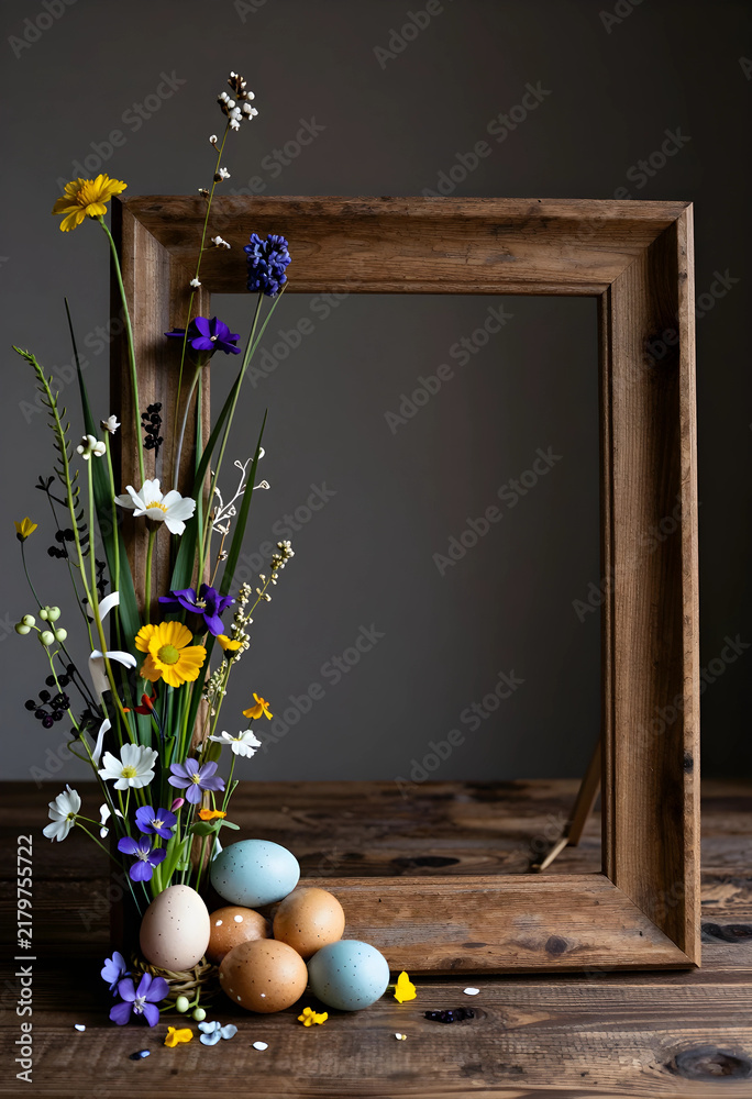 Obraz premium Easter celebration and spring holiday concept, rustic wooden frame with colorful wildflowers and speckled eggs on a dark wooden table background
