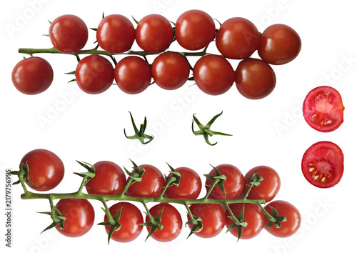 Obraz na płótnie Fresh cherry tomato branches front and back side with tomato halves and green st