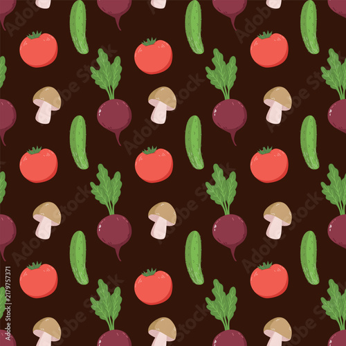 Vegetable seamless pattern background with tomato cucumber beet and mushroom