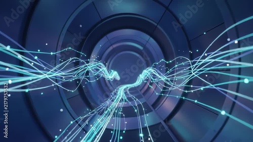 Abstract digital data stream with bright blue light lines and circular tech tunnel background