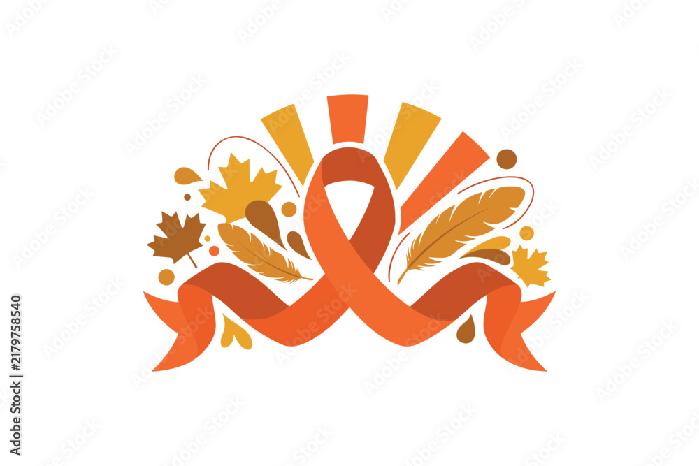 Fototapeta premium Orange Awareness Ribbon with Autumn Leaves and Feathers Isolated on White Background