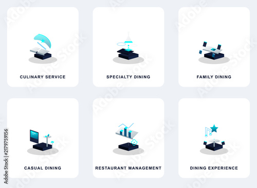 фотографія Culinary service and specialty dining isometric icons set showcasing family dini