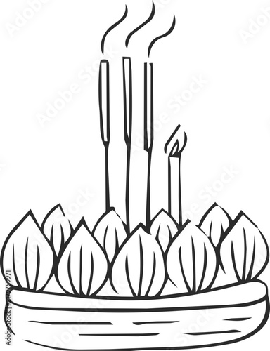 Row of Lotus Petals Krathong with Incense and Candles Doodle Icon
