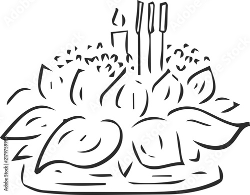 Banana Leaf Krathong with Round Flower Decoration Doodle Icon