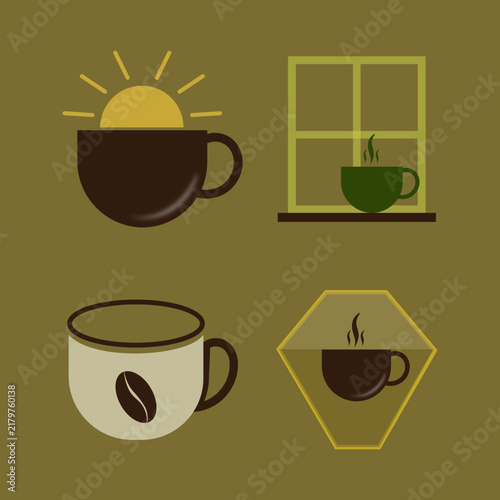 Flat design coffee cup icons with steam and morning sunlight for branding and marketing